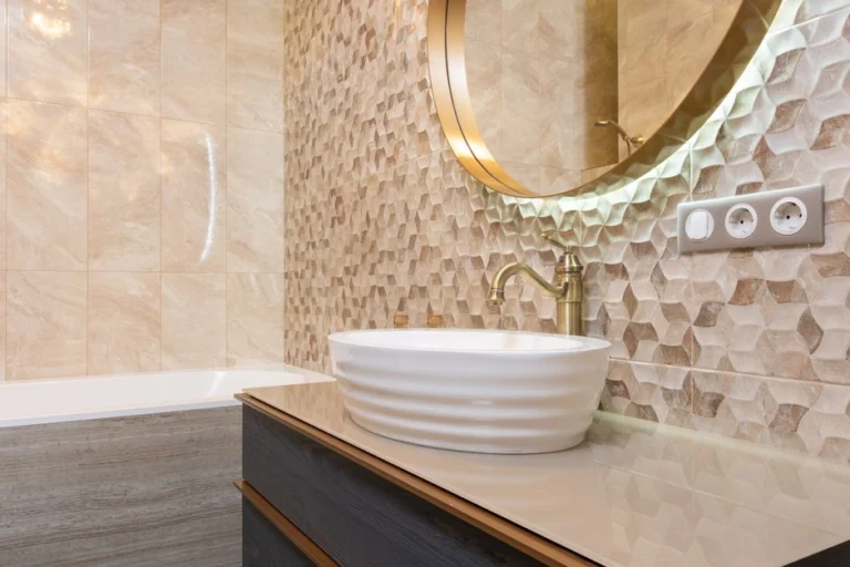 Bathroom vanity with stone look tile